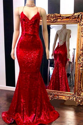 Spaghetti-Strapss Lace-up Red Sequins V-Neck Mermaid Prom Dresses