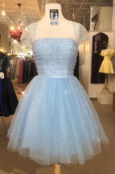 Vestido de fiesta azul celeste con mangas casquillo y cuentas brillantes PD314