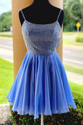 Vestido corto azul con cuentas brillantes para baile de graduación o fiesta de bienvenida PD315