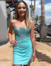 Beaded Corset Spaghetti Straps Tight Homecoming Dress