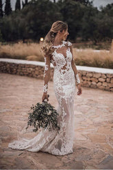 Superbe robe de mariée rustique sirène transparente avec applications de dentelle et manches WD447
