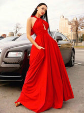 Stylish A-line Halter Red Long Prom Formal Dresses with Pockets