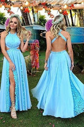 Robe de bal longue bleu ciel charmante, dos nu en dentelle, robe de soirée fendue avec dentelle