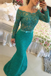 Robe de bal turquoise en dentelle, longue jusqu'au sol, épaules dénudées, manches longues et perles
