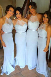 Gorgeous Sky Blue Mermaid Halter Long Bridesmaid Dresses with Sweep Train