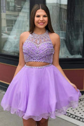 Two Piece High Neck Beading Lilac Chiffon Homecoming Dress PD335