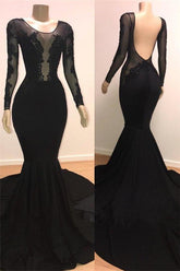Unique Scoop Long Sleeves Backless Appliques Tulle Mermaid Prom Dresses