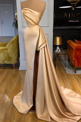 Robe de bal unique couleur champagne, fendue sur le côté, longue