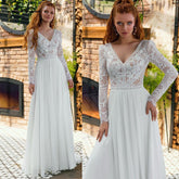 Baoleely V Neck Lace Long Sleeve Backless Chiffon Wedding Dresses