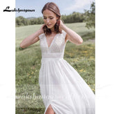 Baoleely V Neck Short Sleeve Backless Lace Chiffon Wedding Dresses