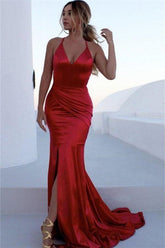 V-Neck Spaghetti Sleeveless Mermaid Front Slit Prom Dresses