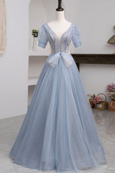 Short Sleeve Tulle Floor Length Prom Dress with Beaded