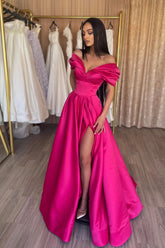 Stylish A-Line Off the Shoulder Satin Long Prom Dress, Hot Pink Satin Pleats Evening Dress with Slit