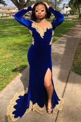 Velvet Long Sleevess Mermaid Front Split Gold Apliques Formal Dresses Royal Blue