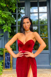 Velvet Sweetheart Front Split Evening Party Gowns Sleeveless Formal Dresses