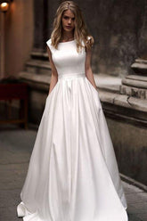 Vestidos de novia largos estilo princesa vintage, corte A, satén marfil, con bolsillos WD328