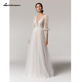 Baoleely Vintage Deep V Champagne Wedding Dress A Line long sleeves