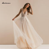 Baoleely Vintage Lace Boho Wedding Dress Deep V-neck Champagne Bridal Gown