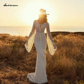 Baoleely Vintage Lace Puff Sleeve Backless Dress Women Boho Mermaid Wedding Dresses