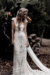 Vestidos de novia rústicos vintage de encaje, estilo boho con mangas casquillo WD548