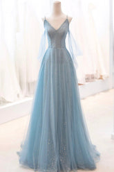 Sparkly Tulle Long Prom Dress, A-Line Spaghetti Strap Evening Dress