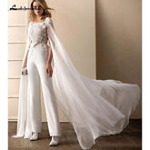 Baoleely Wedding Dress Jumpsuits With Wrap Floral Appliqued Short Sleeves