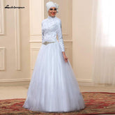 Baoleely White Muslim High Neck Wedding Dress Satin Long Sleeve
