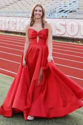 Xanthia | Vestido largo de fiesta de satén sin mangas, corte imperio, sin tirantes, con lazo y abertura, corte en A