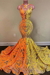 Vestido de sirena amarillo y naranja de encaje largo para baile de graduación en oferta