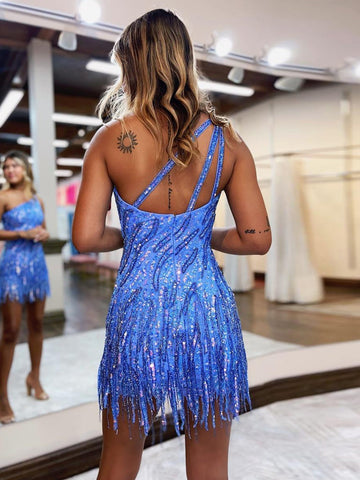 Robe courte moulante à sequins bleu pailleté asymétrique et franges