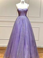 Vestido de graduación de tul brillante corte A con bolsillos
