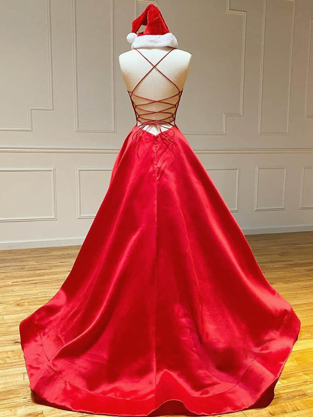 Robe de bal longue en satin, coupe trapèze, col V