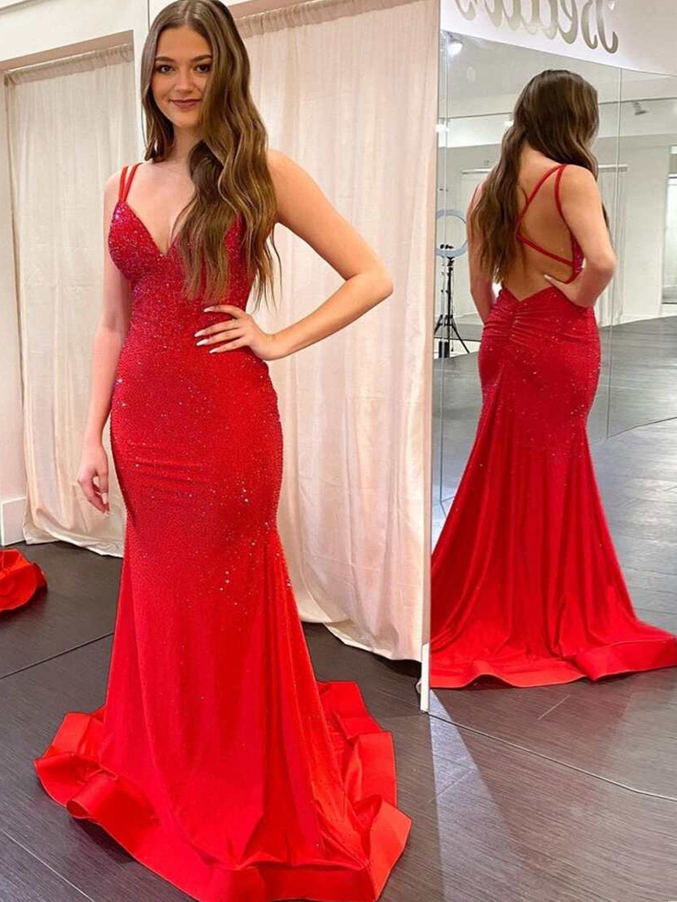 Robe de bal sirène en jersey à col V et perles