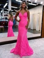 Vestido largo de fiesta ajustado de sirena rosa con escote en V y espalda descubierta con purpurina y escote en V