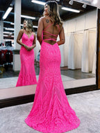 Vestido largo de fiesta ajustado de sirena rosa con escote en V y espalda descubierta con purpurina y escote en V