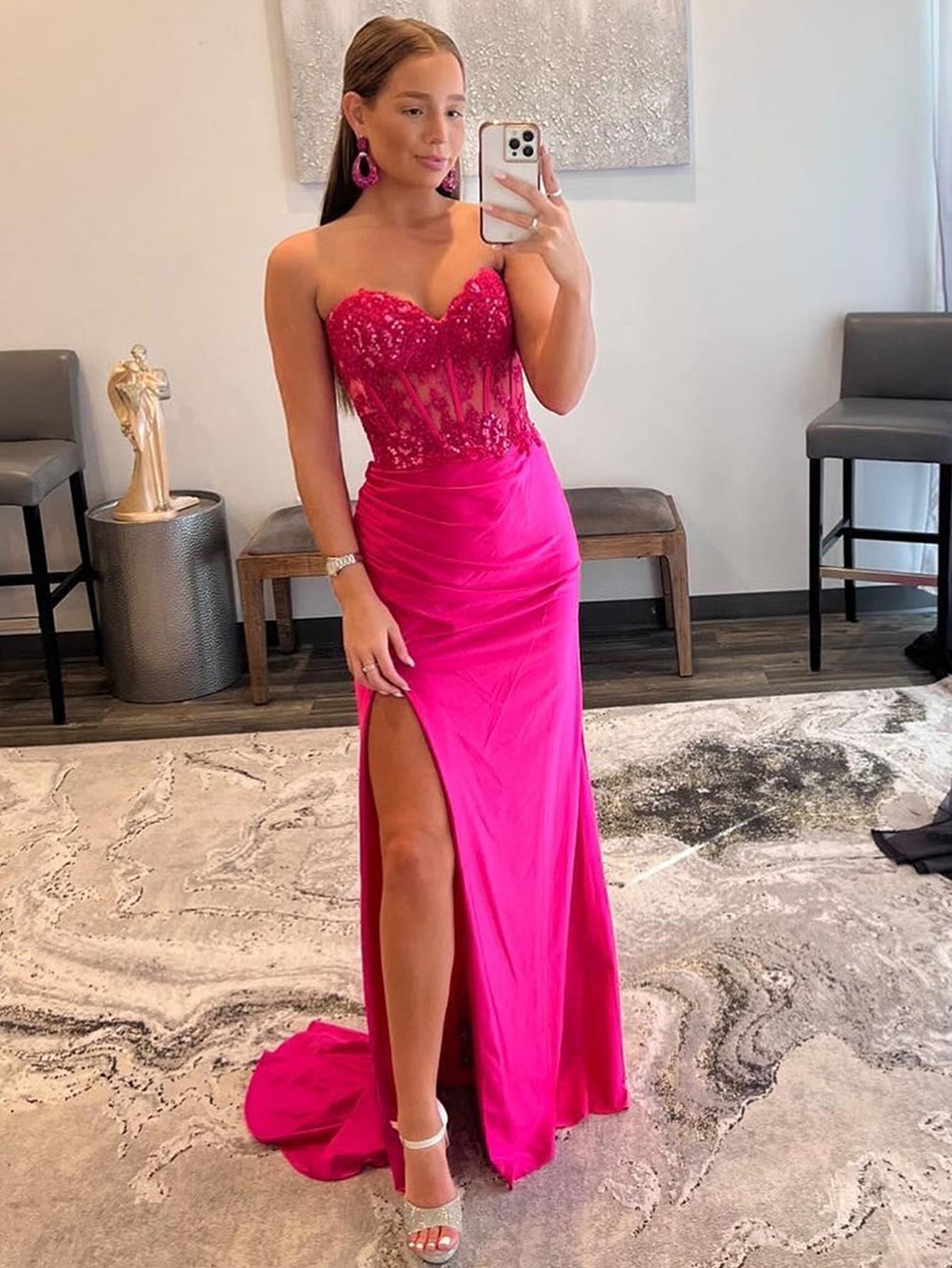 Vestido largo de fiesta sin tirantes, corte sirena, escote corazón y abertura