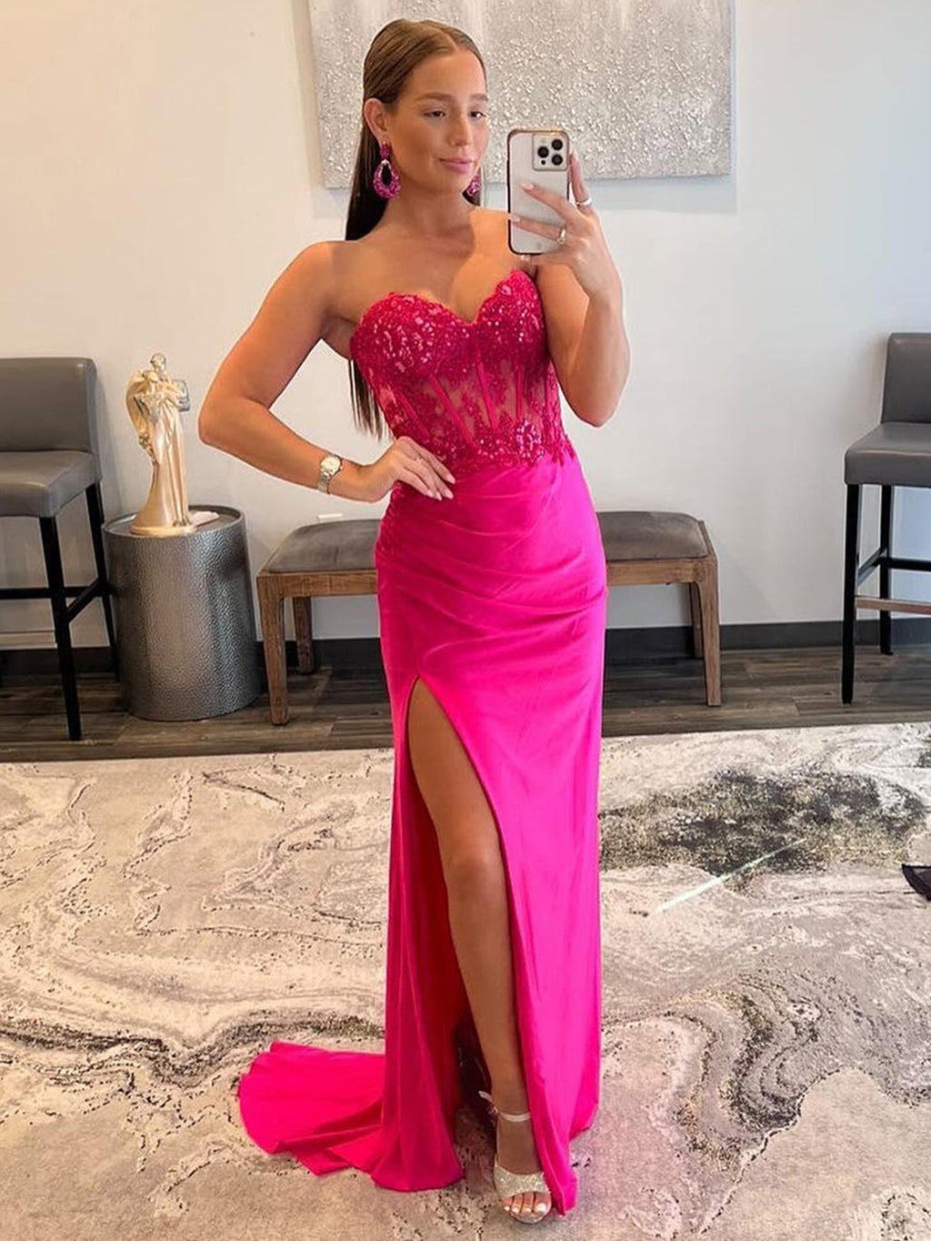 Vestido largo de fiesta sin tirantes, corte sirena, escote corazón y abertura