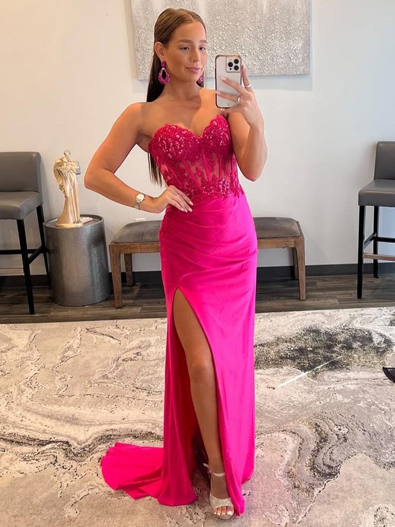 Vestido largo de fiesta sin tirantes, corte sirena, escote corazón y abertura