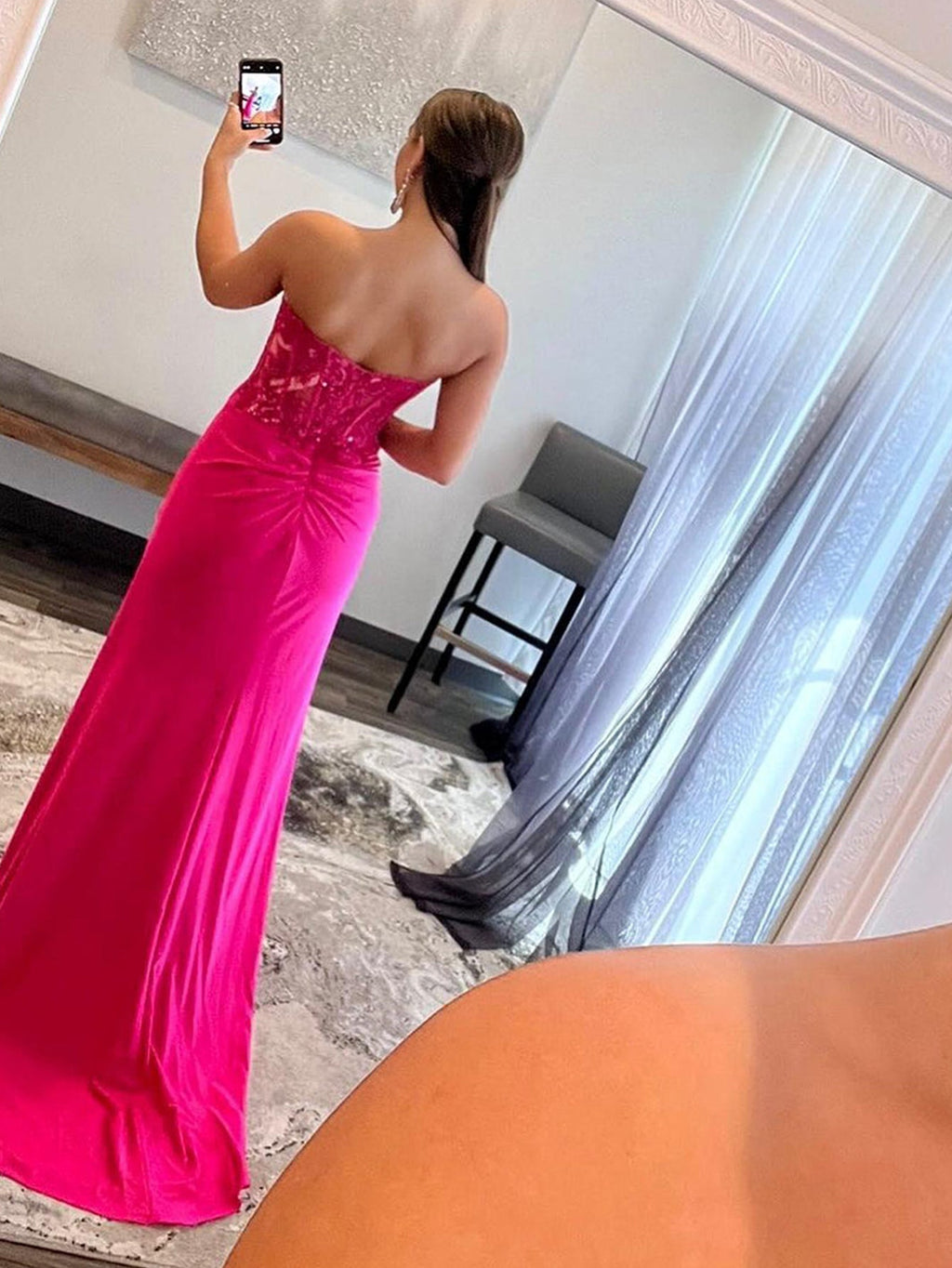 Vestido largo de fiesta sin tirantes, corte sirena, escote corazón y abertura