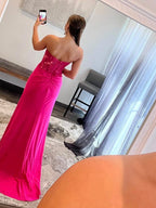 Vestido largo de fiesta sin tirantes, corte sirena, escote corazón y abertura