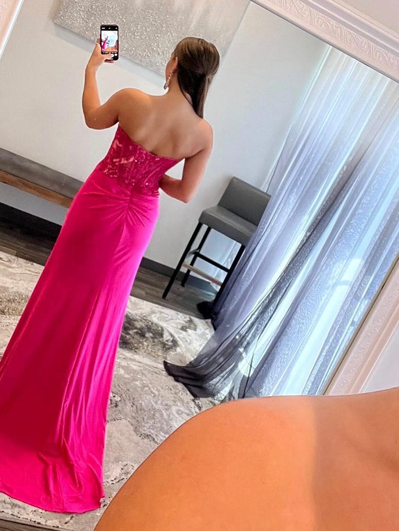 Vestido largo de fiesta sin tirantes, corte sirena, escote corazón y abertura