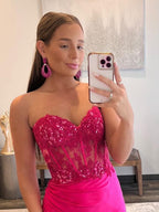 Vestido largo de fiesta sin tirantes, corte sirena, escote corazón y abertura
