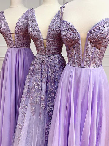 Robe de bal en mousseline de soie et dentelle, coupe trapèze, décolleté plongeant en V