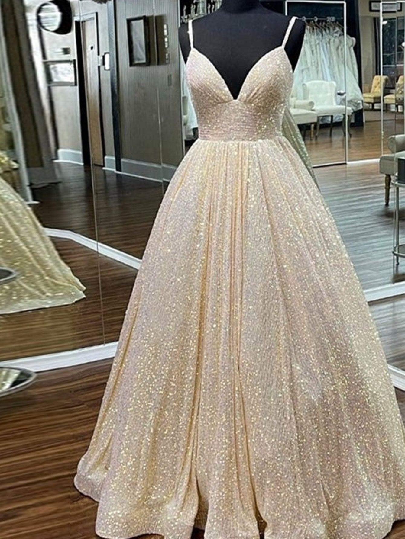 Vestido largo de fiesta con lentejuelas, escote en V y corte en A