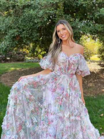 Sydney | Robe de bal longue en tulle imprimé coupe trapèze, décolleté cœur