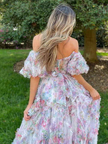 Sydney | Robe de bal longue en tulle imprimé coupe trapèze, décolleté cœur