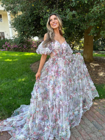 Sydney | Robe de bal longue en tulle imprimé coupe trapèze, décolleté cœur