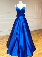 Vestido largo de fiesta de satén, corte en A, escote en V y pajarita