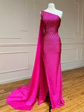 Robe de bal longue rose sirène à paillettes asymétrique