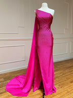 Robe de bal longue rose sirène à paillettes asymétrique